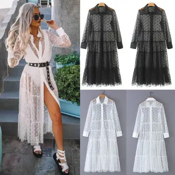 Women Mesh Sheer Transparent Polka Dot Lace Cover up V Neck Button Down Maxi Dress See-through Party Clubwear Beach Dress
Women Mesh Sheer Transparent Polka Dot Lace Cover up V Neck Button Down Maxi Dress See-through Party Clubwear Beach Dress