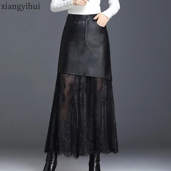 Plus Size 4XL Ladies Elegant Skirts Women Office Black Pu Leather Long Skirt Female Lace Patchwork High Waist A-line Skirt 2019
Plus Size 4XL Ladies Elegant Skirts Women Office Black Pu Leather Long Skirt Female Lace Patchwork High Waist A-line Skirt 2019