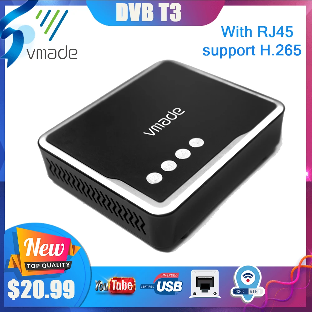 Vmade H.265 Terrestrial receiver DVB T2 Decoder H.265/HEVC DVB-T2 digital TV Tuner with RJ45 support youtube IP TV AC-3 TV BOX
Vmade H.265 Terrestrial receiver DVB T2 Decoder H.265/HEVC DVB-T2 digital TV Tuner with RJ45 support youtube IP TV AC-3 TV BOX