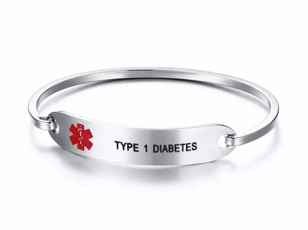 women Stainless Steel Medical Alert ID Bangle Bracelet Silver TYPE 1 DIABETES 11