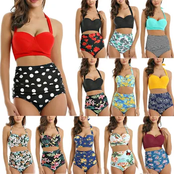 Women Vintage Swimsuit Two Piece Retro Halter Ruched High Waist Print Bikini Set Swimwear Back Cross Bikini Bathing Suit Beachwe
Women Vintage Swimsuit Two Piece Retro Halter Ruched High Waist Print Bikini Set Swimwear Back Cross Bikini Bathing Suit Beachwe