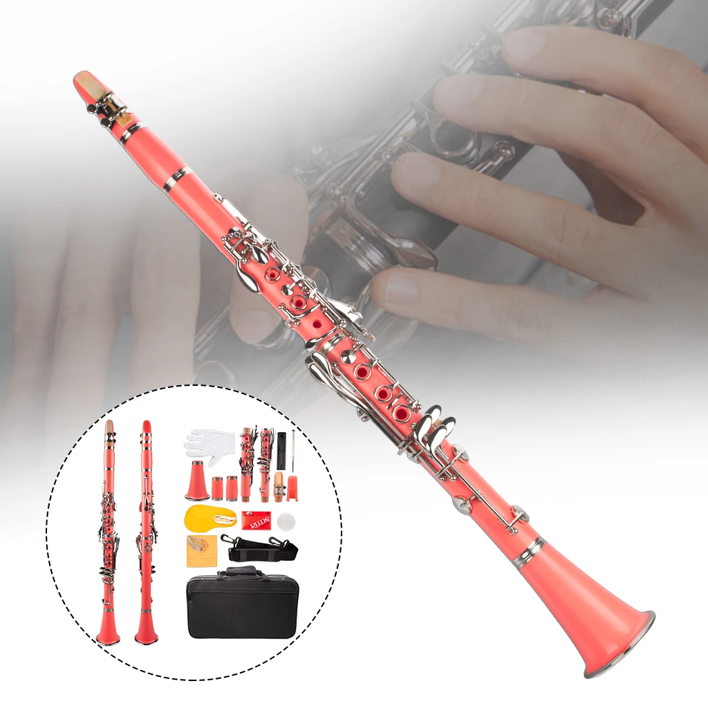 B Clarinet, With 17 Keys, PVC Plastic Bb Flat Clarinet Set, Incl. Bag, Cork Grease, Cleaning Cloth, Mouthpiece, Strap - Pink B Clarinet, With 17 Keys, PVC Plastic Bb Flat Clarinet Set, Incl. Bag, Cork Grease, Cleaning Cloth, Mouthpiece, Strap - Pink