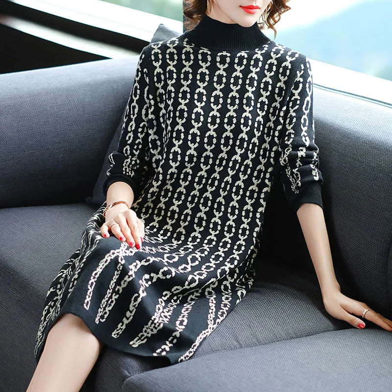 High Collar Long Sleeve Jacquard Loose-Fit Slimming Jersey Dress Women's Autumn And Winter New Style Mid-length over-the-Knee Sw
High Collar Long Sleeve Jacquard Loose-Fit Slimming Jersey Dress Women's Autumn And Winter New Style Mid-length over-the-Knee Sw