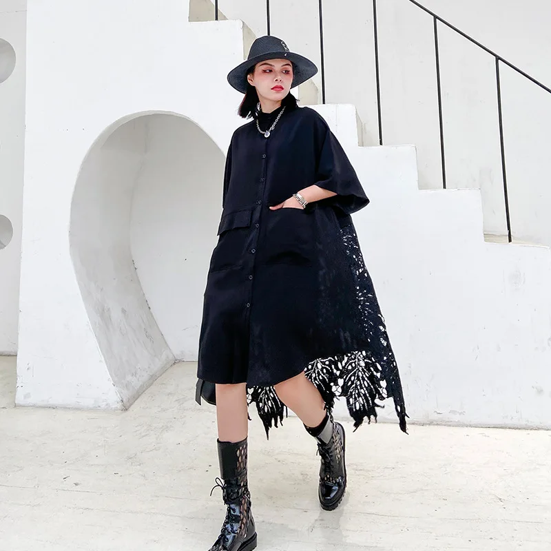 Oversized Blouse Dress Women 2020 Summer Black Long Shirt Patchwork Hollow Out Lace Irregular Hem Loose Pockets Single-breasted
Oversized Blouse Dress Women 2020 Summer Black Long Shirt Patchwork Hollow Out Lace Irregular Hem Loose Pockets Single-breasted