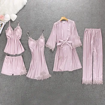 Sexy Women Pajamas 5 Pieces Sets Satin Sleepwear Pijama Silk Home Wear Embroidery Sleep Lounge Pyjama with Chest Pads
Sexy Women Pajamas 5 Pieces Sets Satin Sleepwear Pijama Silk Home Wear Embroidery Sleep Lounge Pyjama with Chest Pads