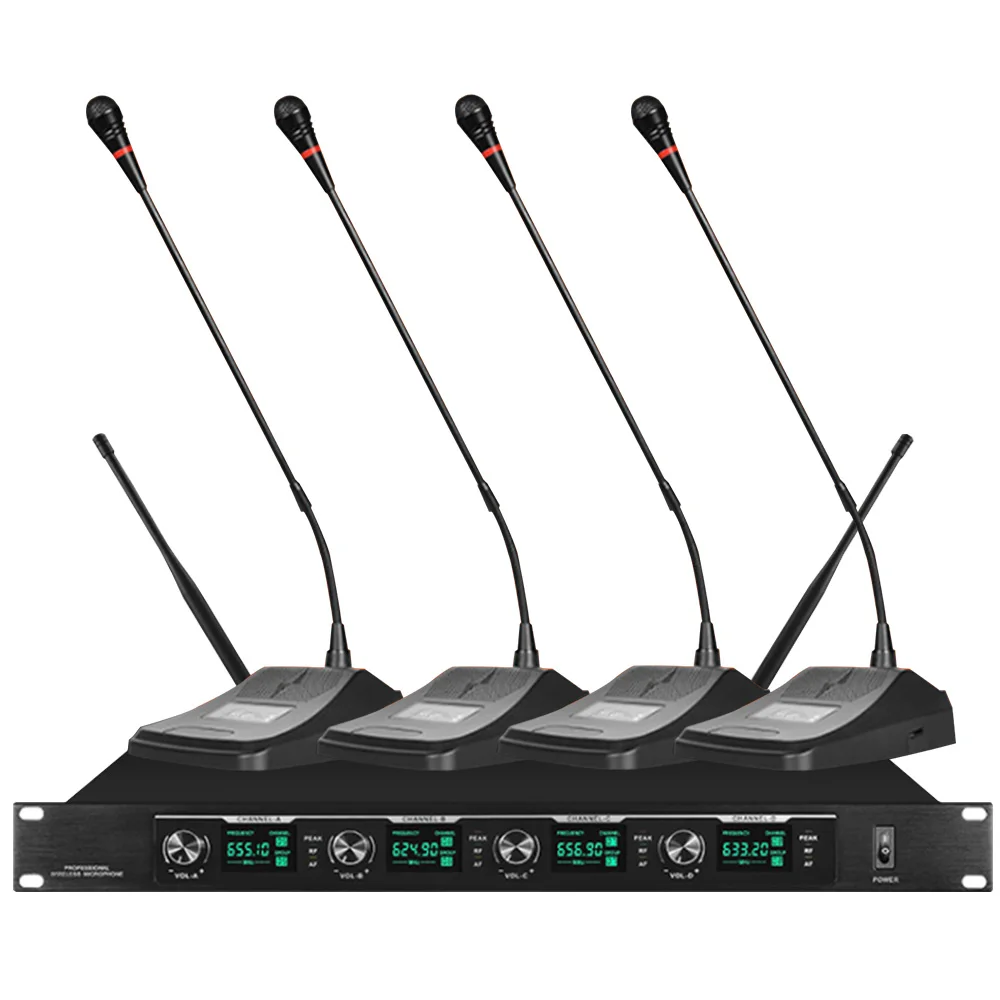 Professional wireless microphone system 4 channels 4 conference condenser microphones for conference room school presentations
Professional wireless microphone system 4 channels 4 conference condenser microphones for conference room school presentations