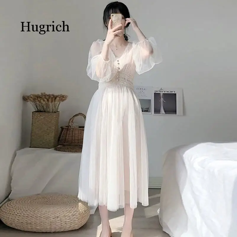 

2021 Women Spring Dress Vintage Elegant with Button A-Line Dress Solid Puff Sleeve Lace Voile Mesh Dress Women Vestidos