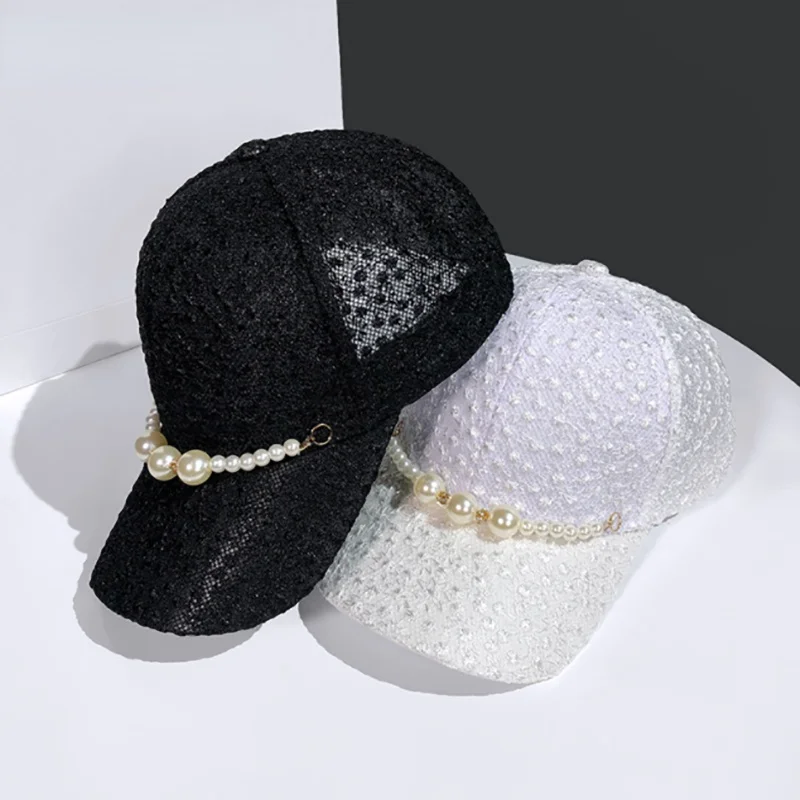 

Brand Fashion Hat Women's Pearl Casual Baseball Cap Adjustable Black Mesh Visor Snapback Bone Fitted Cap