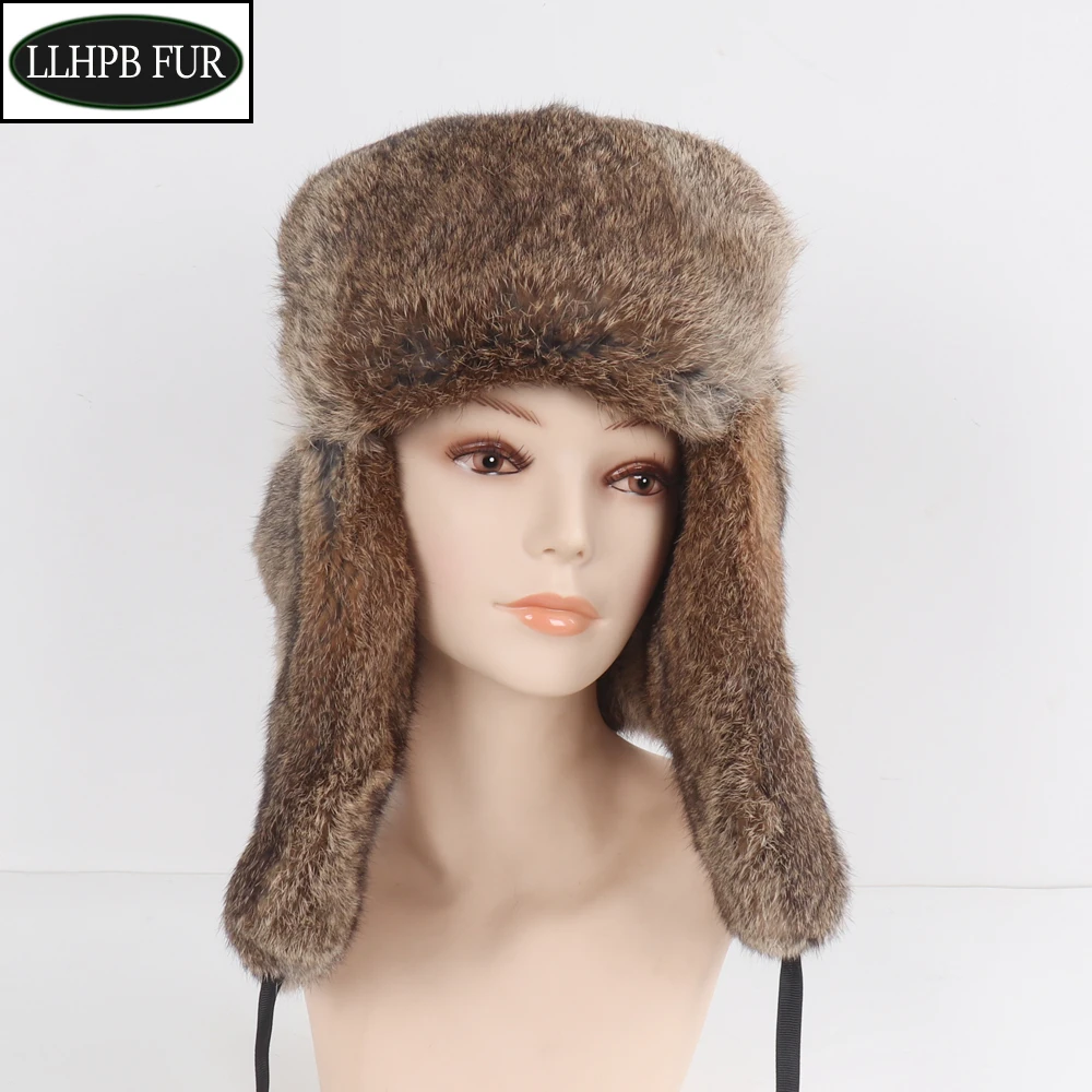 Новинка 2024, стильная зимняя Русская женская шапка-бомбер из натурального кроличьего меха, женская теплая пушистая шапка из натурального меха, шапки унисекс из цельного меха