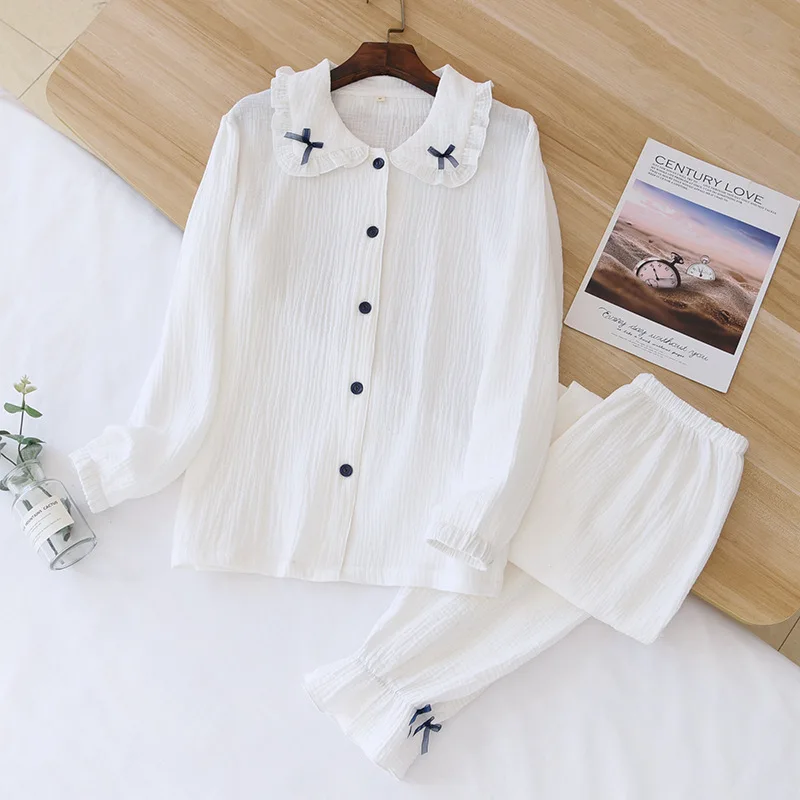 New Women's Cotton Crepe Pajamas Simple Bow Long Sleeve Trouser Suit Home Clothes White Thin Pijamas Women 2 Piece Lounge Wear
New Women's Cotton Crepe Pajamas Simple Bow Long Sleeve Trouser Suit Home Clothes White Thin Pijamas Women 2 Piece Lounge Wear
