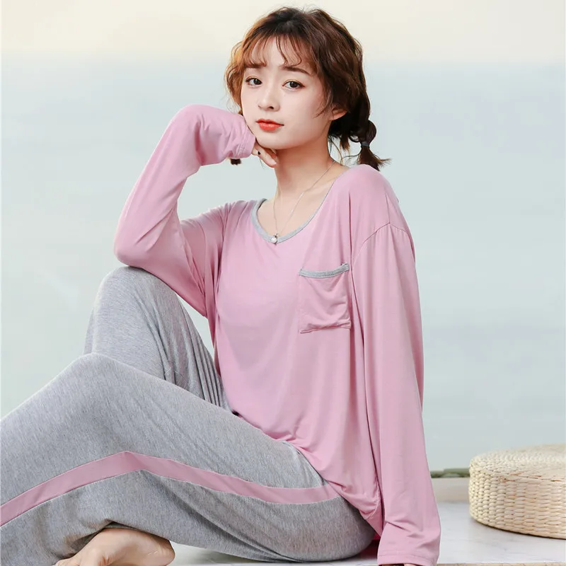 Свободная хлопковая Осенняя Домашняя одежда контрастных цветов для женщин, комплект из двух предметов, женские пижамные костюмы, женская одежда для сна 
Свободная хлопковая Осенняя Домашняя одежда контрастных цветов для женщин, комплект из двух предметов, женские пижамные костюмы, женская одежда для сна