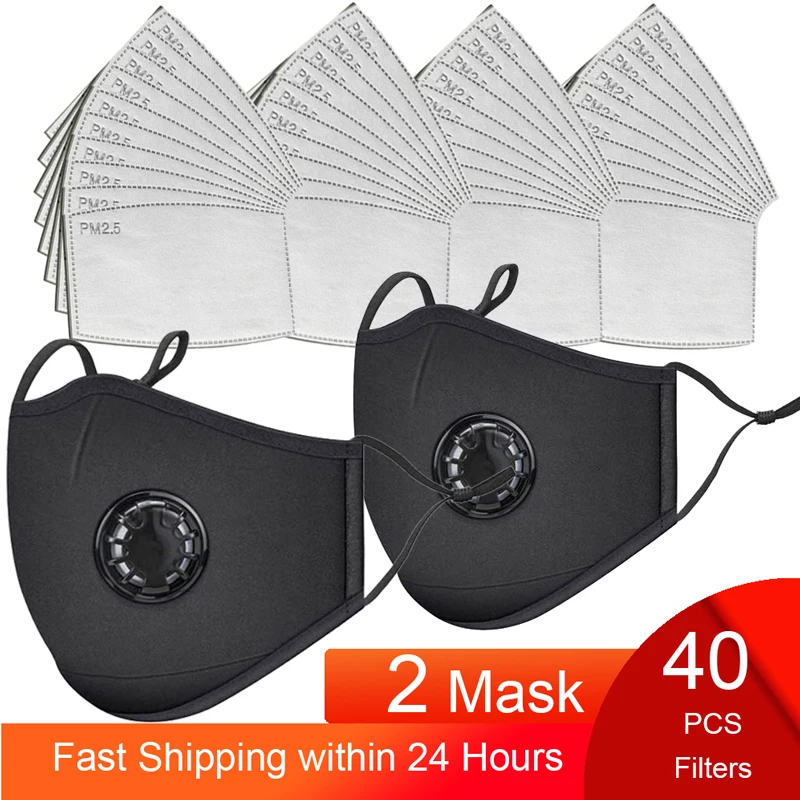 

40 PCS Filters Fashion Washable Reusable Mask Anti Pollution Mouth Respirator Dust Masks Cotton Unisex Mouth Muffle Black