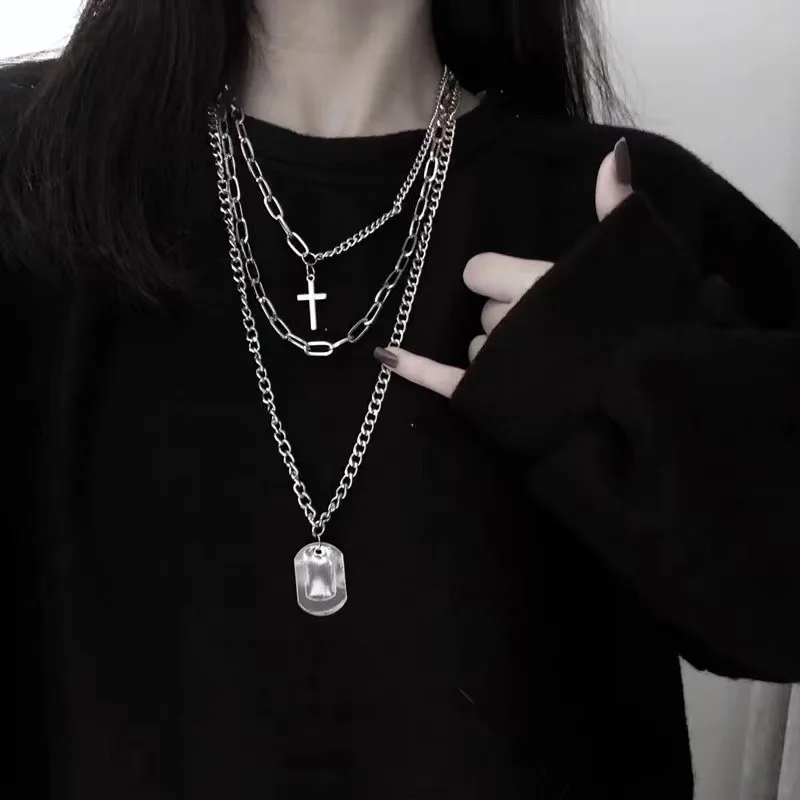 Hip Hop Punk Silver Color Cross Pendant Necklaces Tag Charm Multilayers Chain link for women men | Украшения и аксессуары
