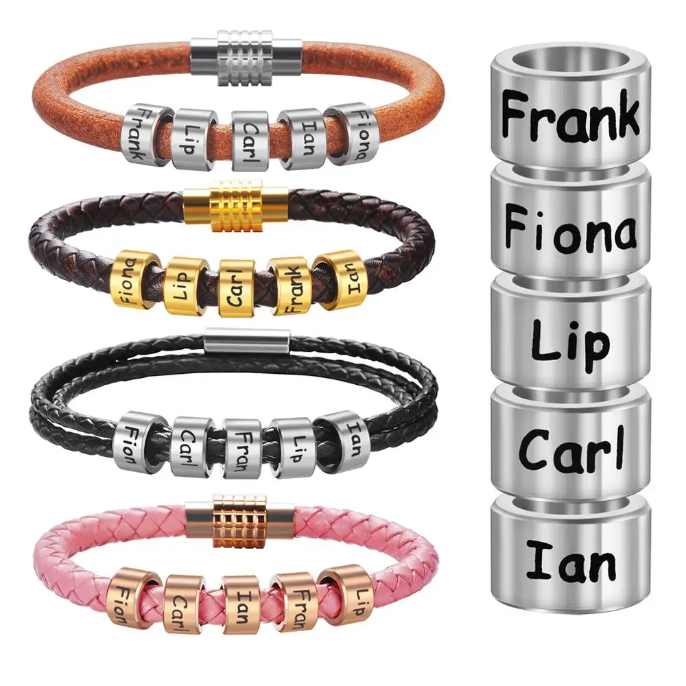 

Customized Name Stainless Steel Beads Multilayer Genuine Leather Bangles Personalized Family Names Accessories Jewerly For Men