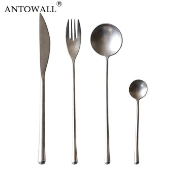 

ANTOWALL 4pcs/Set Flatware High-grade Sliver Original Vintage Steak Cutlery Set 304 Stainless Steel Knife Fork Spoon Set Golden