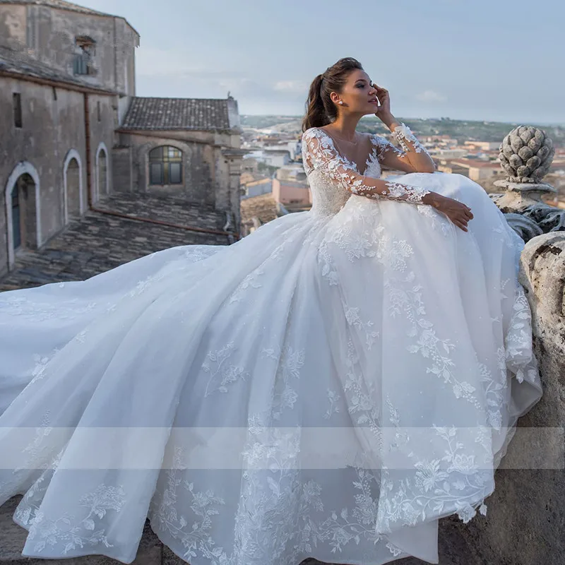 Ashley-Carol-Sexy-V-neck-Long-Sleeve-Tulle-Wedding-Dress-2019-Court-Train-Bridal-Dress-Vintage (1)_副本