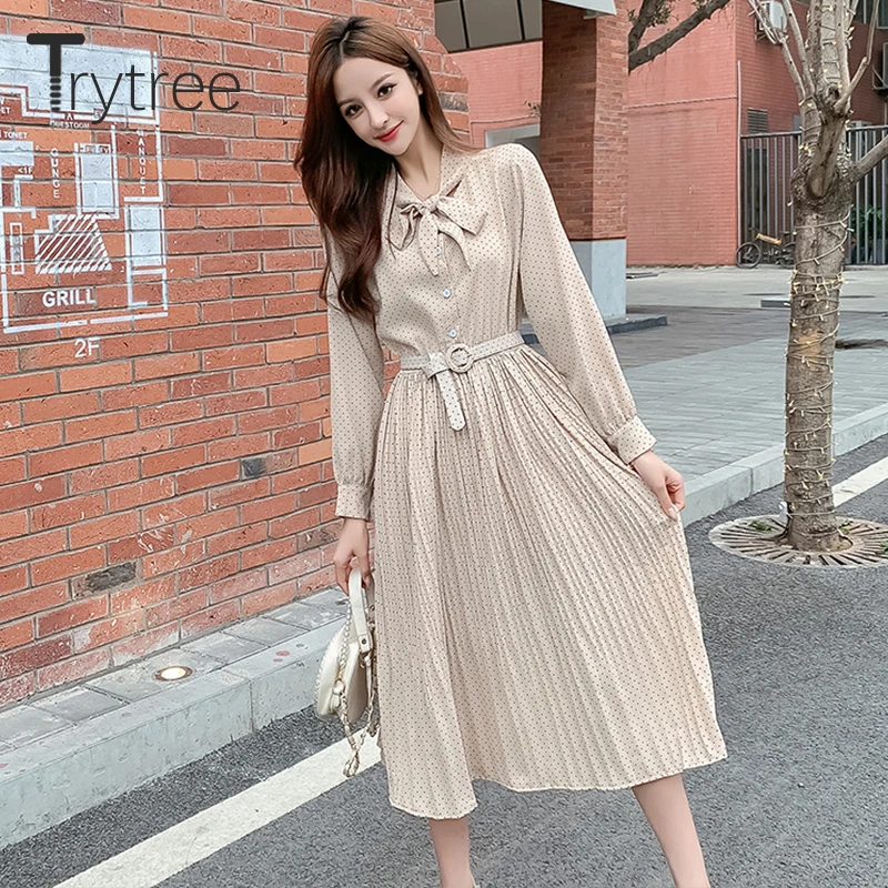 Trytree 2020 Spring Women Dress Casual Bow Single Breasted Belt A-line Dot 3 Color All-Purpose Style Fashion Elegant Dress 
Trytree 2020 Spring Women Dress Casual Bow Single Breasted Belt A-line Dot 3 Color All-Purpose Style Fashion Elegant Dress