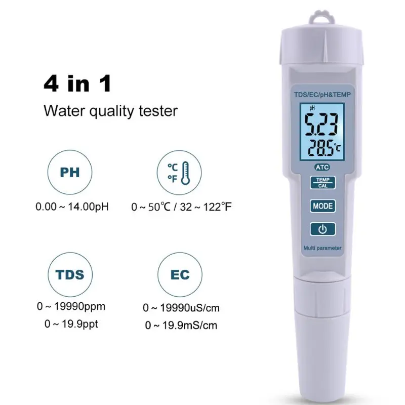 New 4 in 1 PH/TDS/EC/Temperature Meter PH Meter Digital Water Quality Monitor Tester for Pools, Drinking Water, Aquariums
New 4 in 1 PH/TDS/EC/Temperature Meter PH Meter Digital Water Quality Monitor Tester for Pools, Drinking Water, Aquariums