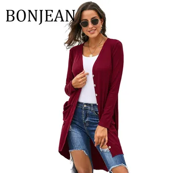 BONJEAN 2019 Autumn Clothing Irregular Open Stitch Cardigans Single Breasted Long Sweaters V-Neck Knitted Cardigans BJ1588