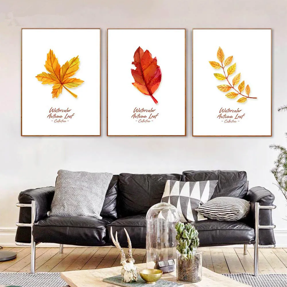 Осенние Желтые красные листья холст плакат акварель растение скандинавский