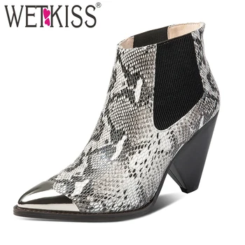 

WETKISS Spike Heels High Boots Women Snake Skin Ankle Booties Female Cow Leather Shoes Ladies Pointed Toe Metal Shoes Spring