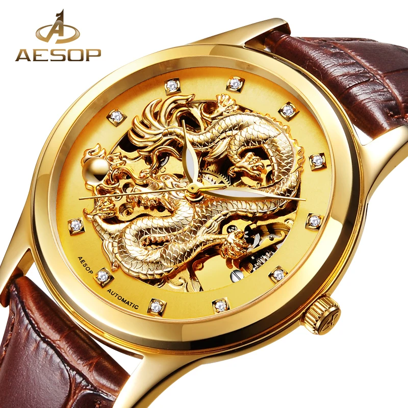 

Aesop Dragon Watch Men Gold Automatic Mechanical Sapphire Crystal Leather Band Wristwatch Male Clock Relogio Masculino 9010G