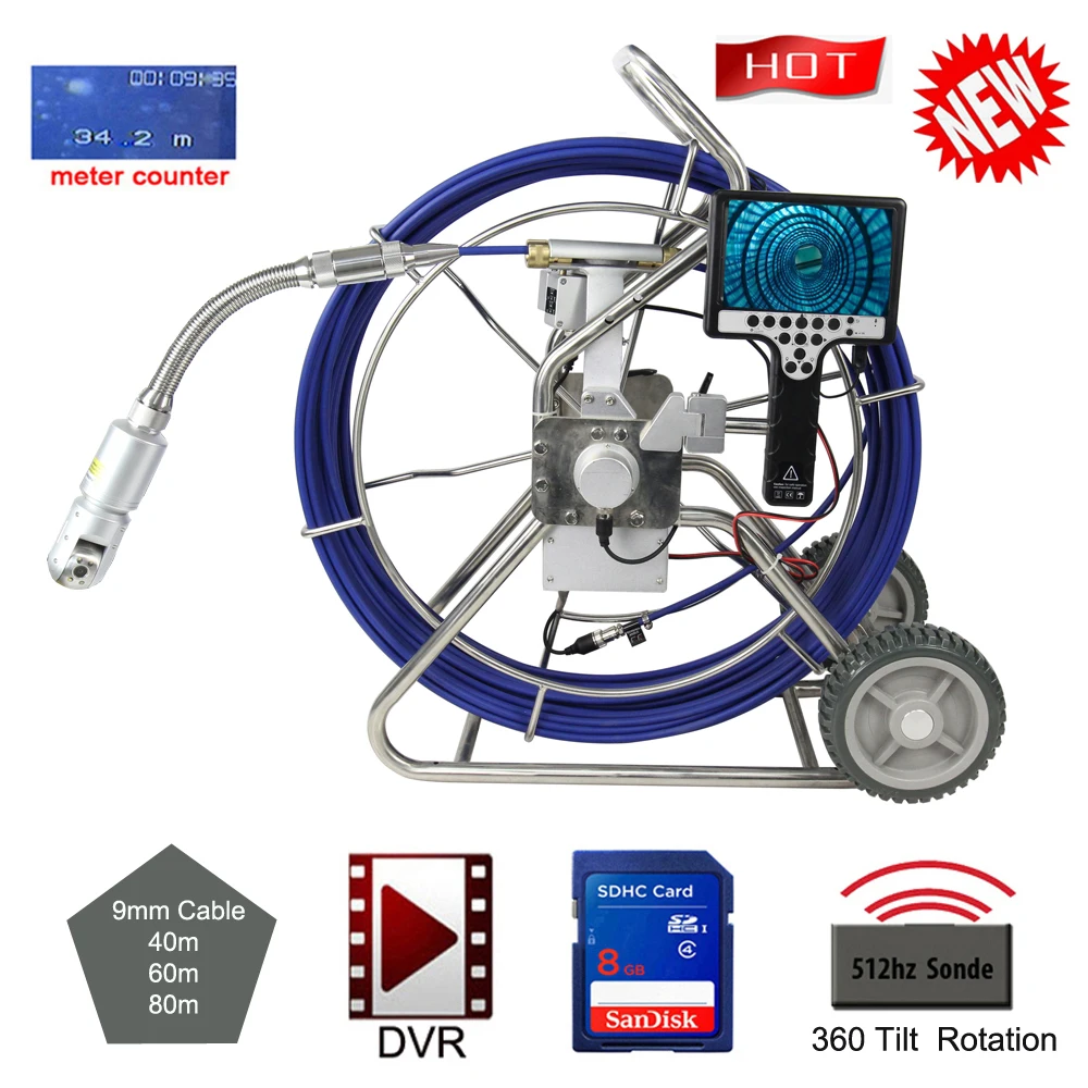120 meter 9mm cable Pan Tilt 360 rotation pipeline drain inspection camera counter recording 7inch monitor |