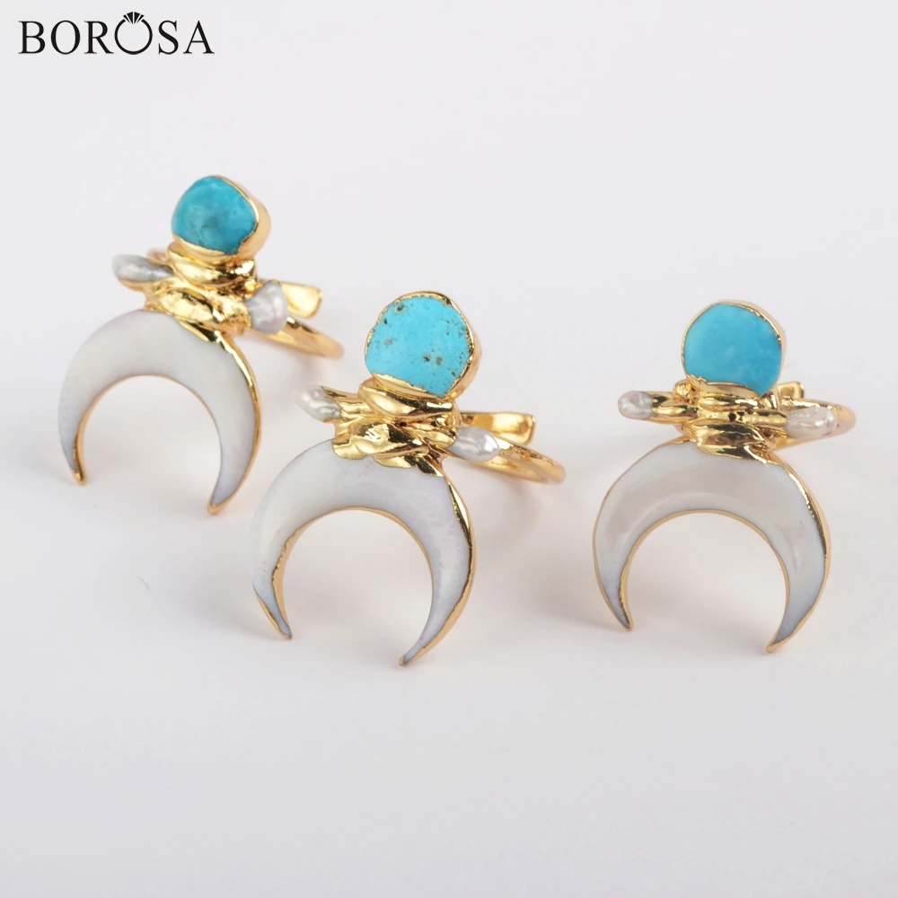 

BOROSA 5Pcs Gold Plating Crescent Natural White Shell & Natural Turquoises Adjustable Ring Natural Blue Gems Women Jewelry G1862