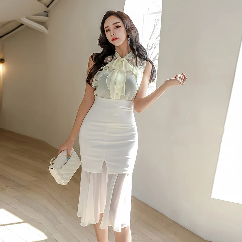 

woman sexy two Pieces Set Elegant Bow o-Neck Sleeveless Chiffon Blouse & Patchwork Ruffles Skirt Midi New Skirt Set vs221