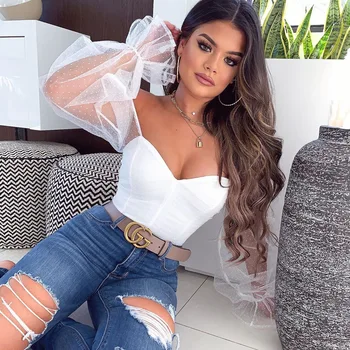 Chiffon Bubble Sleeve Jacquard Ladies Tight Bodysuit 2020 White Long-sleeved V-neck Sexy Mesh Party Ladies Bottoming Bodysuits
Chiffon Bubble Sleeve Jacquard Ladies Tight Bodysuit 2020 White Long-sleeved V-neck Sexy Mesh Party Ladies Bottoming Bodysuits