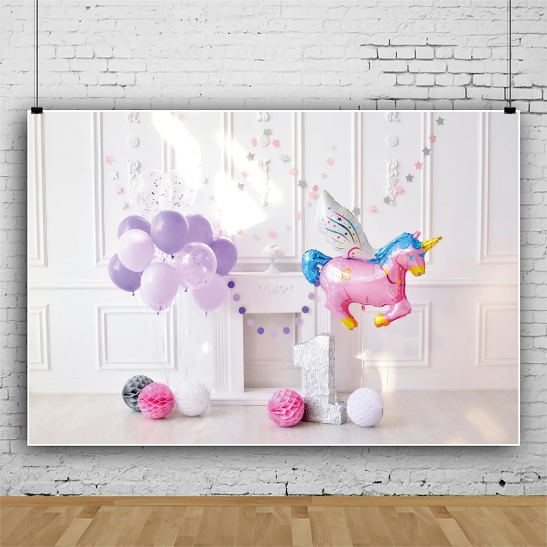 

Laeacco Birthday Scenic Background Baby 1st Photocall Chic Wall Banner Unicorn Purple Balloons Poster Photography Photo Backdrop