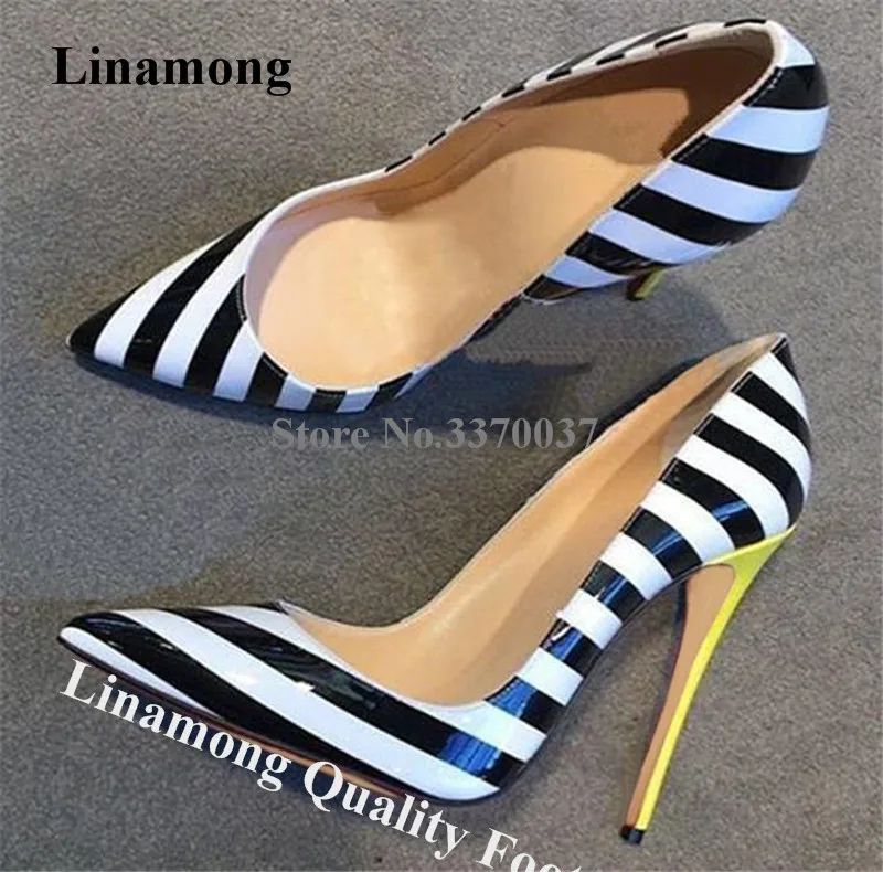 

Linamong White-black Stripes Patchwork Yellow Stiletto Heel Pumps 8 10 12cm Zebra Pattern Leather High Heels Big Size Dress Shoe