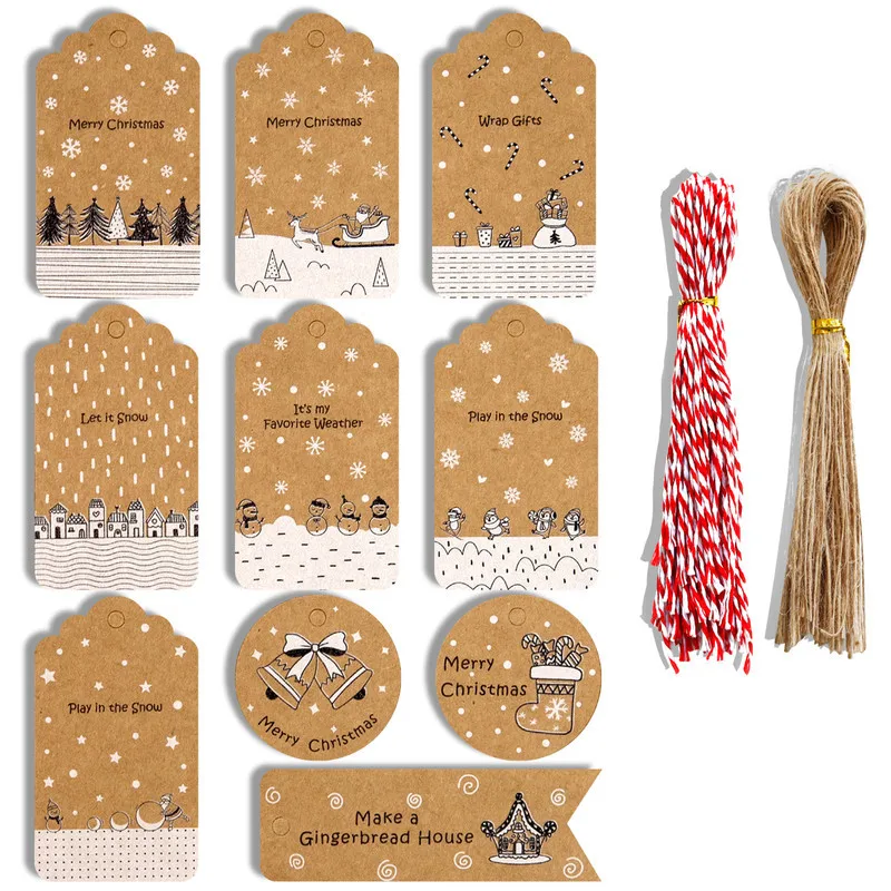 

100 Pcs Merry Christmas Kraft Gift Tags Lovely Snowman Deer Creative Hang Tags Xmas Party Gift Label Card Decoration Supplies