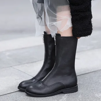 

Phoentin Mid calf booties Front Zip closure low heel women's boots female motorcycle boots ladies leather shoes round toe FT1254