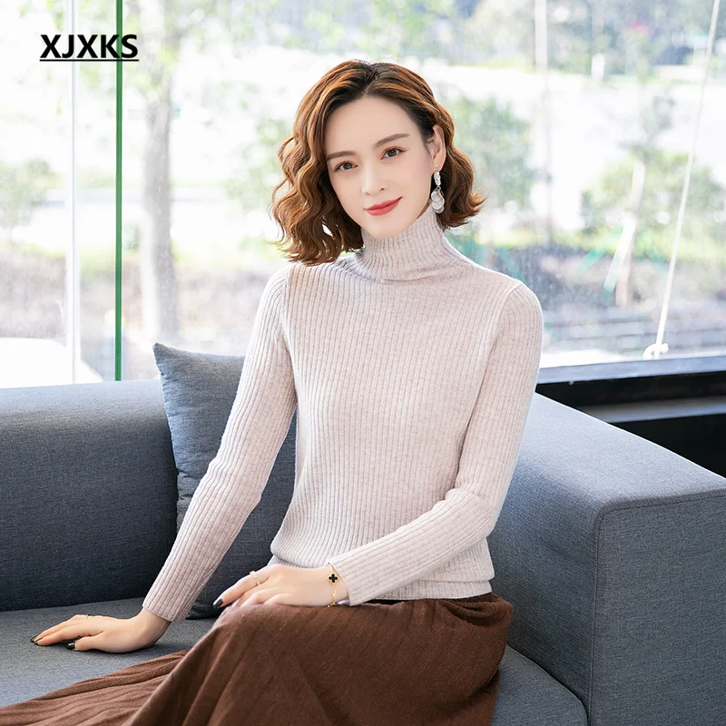 

XJXKS High elasticity comfortable women turtleneck sweater 2022 winter new 100% pure wool warm sweater women pullover