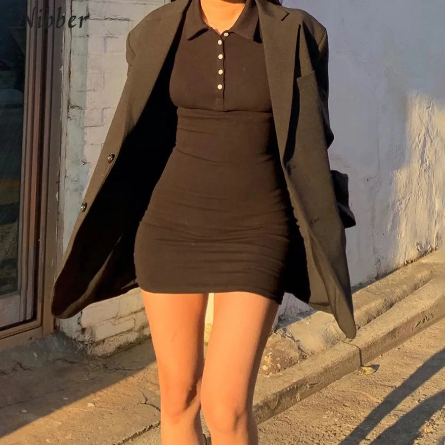 Nibber cotton Lapel Elastic Slim Soft High waist dresses Solid color casual simple girl College style sweet 2020 Spring femal