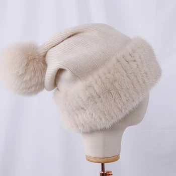 

2020 Top Quality Women's Winter Kniited Wool Belend Patchwork Real Mink Fur Hat Cap Natural Fox Fur Pom Poms Beanie Lady Fashion