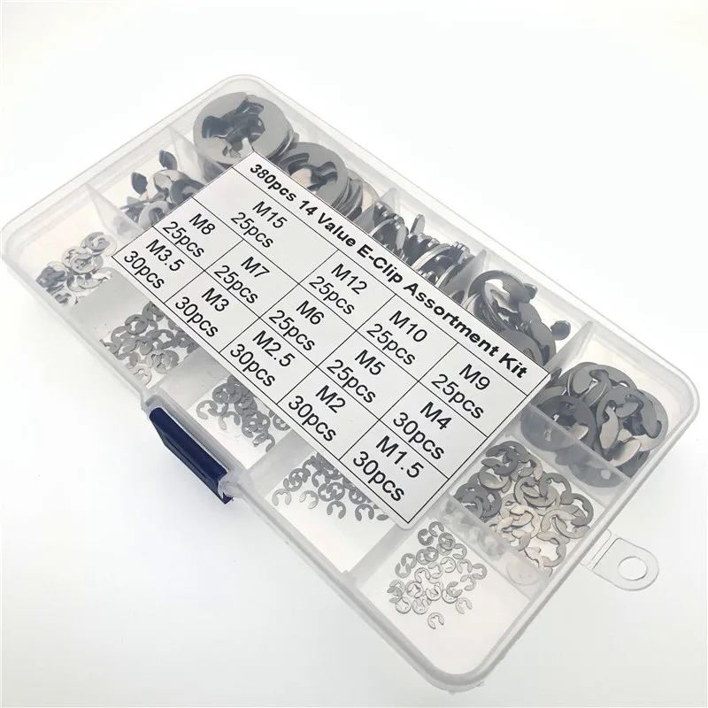 380 PCS 304 Steel Stainless Steel E Clip washer External Retaining Ring Assortment Kit Circlip for shaft fastener M1.5~M15
380 PCS 304 Steel Stainless Steel E Clip washer External Retaining Ring Assortment Kit Circlip for shaft fastener M1.5~M15