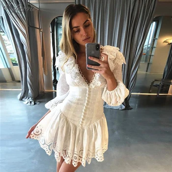 Ailigou 2020 New High Quality White Lace Dress Feminine V-neck Lantern Sleeve Ruffle Hollow Embroidered Dress Boho Vestidos
Ailigou 2020 New High Quality White Lace Dress Feminine V-neck Lantern Sleeve Ruffle Hollow Embroidered Dress Boho Vestidos
