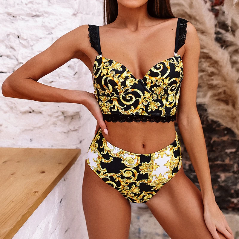 Sexy High Waist Bikini 2020 Female Swimsuit Women Swimwear Two-pieces Bikini set Lace Straps Bather Yellow Print Bathing Suit