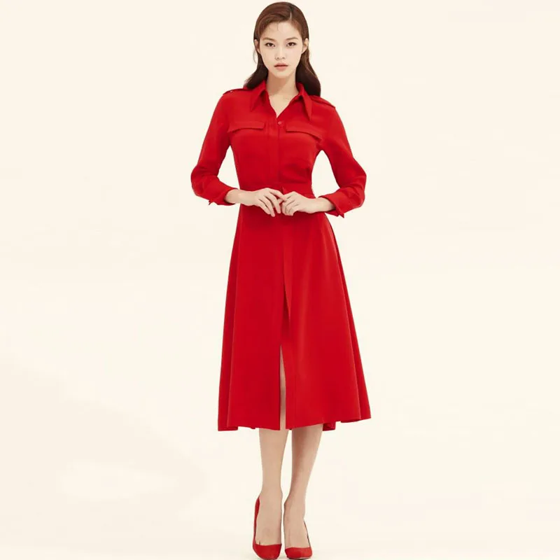 2020 Spring New Red Lace-Up Temperament Party Single-Breasted Solid Color Pocket Epaulettes Shirt Dress Women'S Midi Dress
2020 Spring New Red Lace-Up Temperament Party Single-Breasted Solid Color Pocket Epaulettes Shirt Dress Women'S Midi Dress