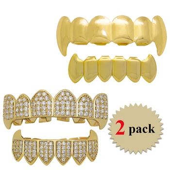 

2 Sets/pack Micro Pave CZ Gold Grillz Iced Out Teeth Grills Caps Top Bottom Grill Set For Men Women Vampire Fangs Tooth Jewelry