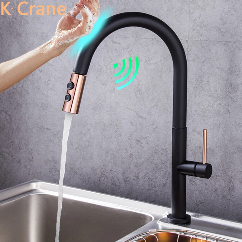 Фото Черный сенсорный кран для кухонной раковины умный смеситель горячей и холодной