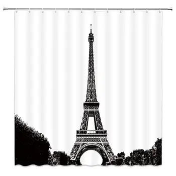 

Paris Shower Curtain Decor France Eiffel Tower Silhouette Cityscape Holiday Art Black White Fabric Bathroom Curtains Polyester