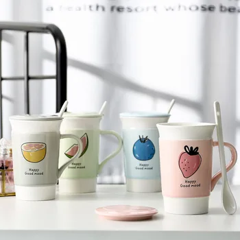 

Cartoon Fruit Ceramic Mug Creative Large Capacity Coffee Cup with Lid Scoop 450ml Household Water Mugs Office Milk Breakfast Cup
