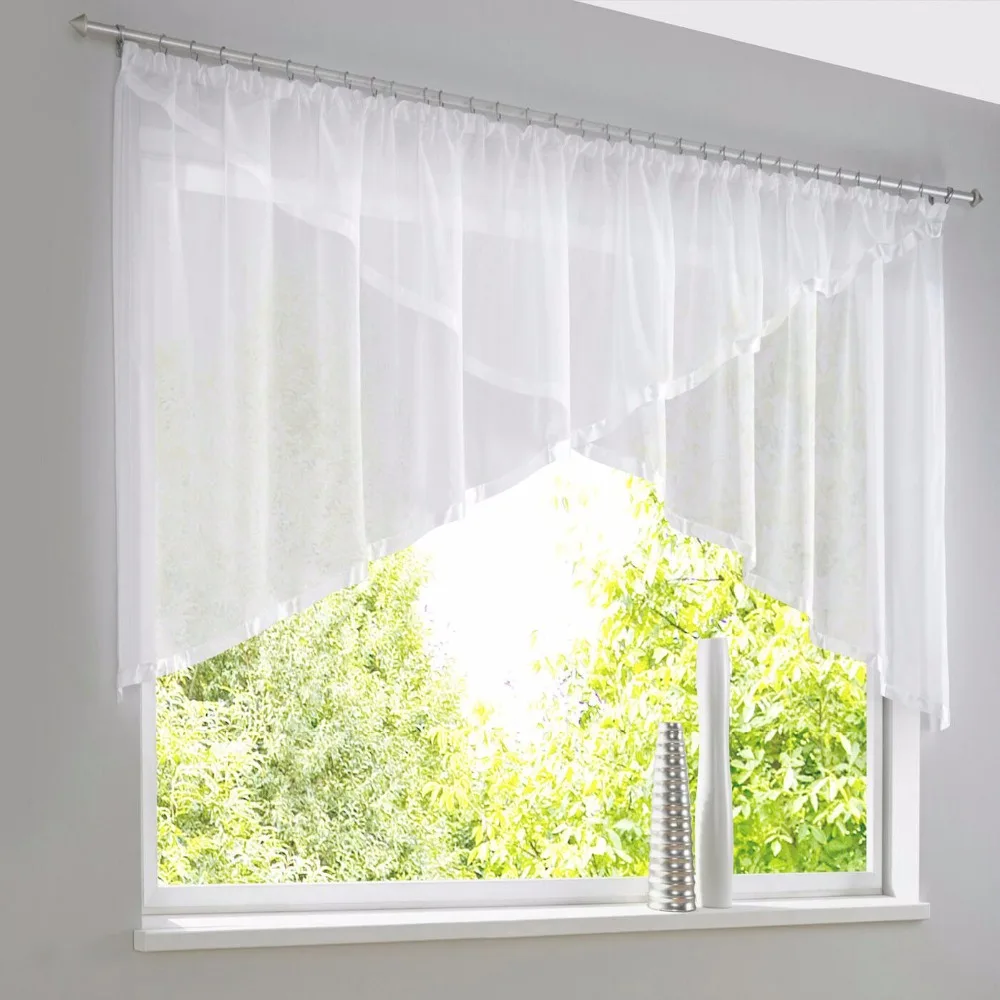 

Sheer Voile Triangular Curtain White Window Treatments for kitchen balcony Ribbon hem 1 Set