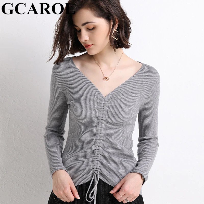 

GCAROL New Fall Winter Women Sweater V Neck 30% Wool Drawstring Design Sexy Slim Jumper OL Elegant Render Knitted Pullover