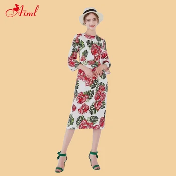Designer Female 2020 Spring Summer Sashion Crew neck 3/4 sleeve Leaf Print Midi Dress Female Elegant Party Dresses Robe New
Designer Female 2020 Spring Summer Sashion Crew neck 3/4 sleeve Leaf Print Midi Dress Female Elegant Party Dresses Robe New