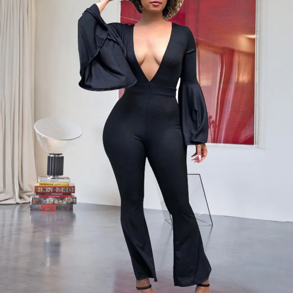 Sexy Deep V Neck Jumpsuit Women Spring Autumn Flare Sleeve Solid Black Party Long Jumpusit Office Club Wear Romper Playsuit 2xl
Sexy Deep V Neck Jumpsuit Women Spring Autumn Flare Sleeve Solid Black Party Long Jumpusit Office Club Wear Romper Playsuit 2xl