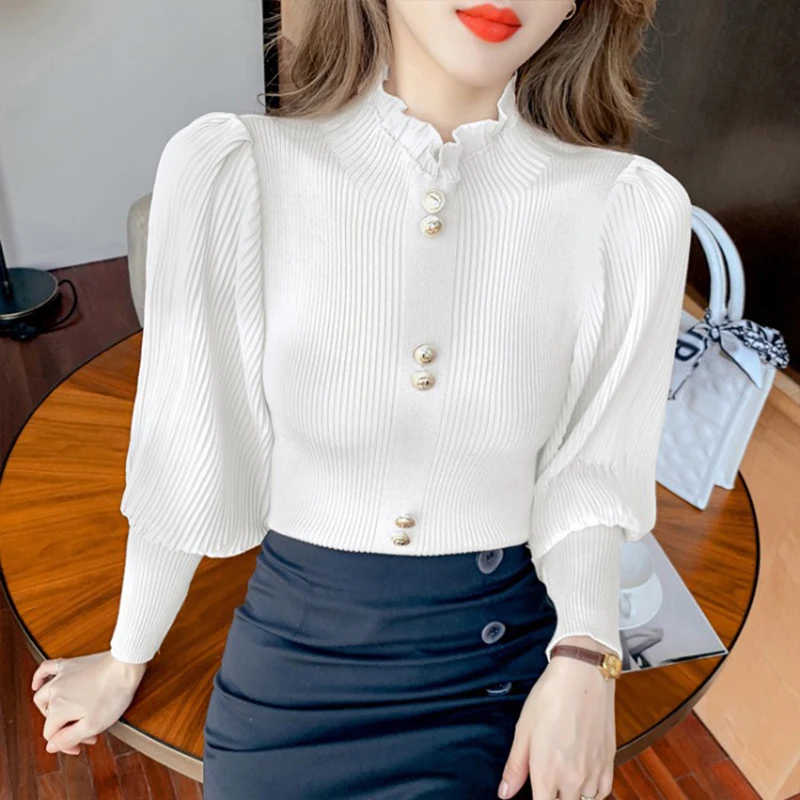 

Spring Autumn Long Puff Sleeve Sweater Women Brief Mock Neck Knitwear Female Chic Solid Buttons Soft Knitted Pullovers Tops